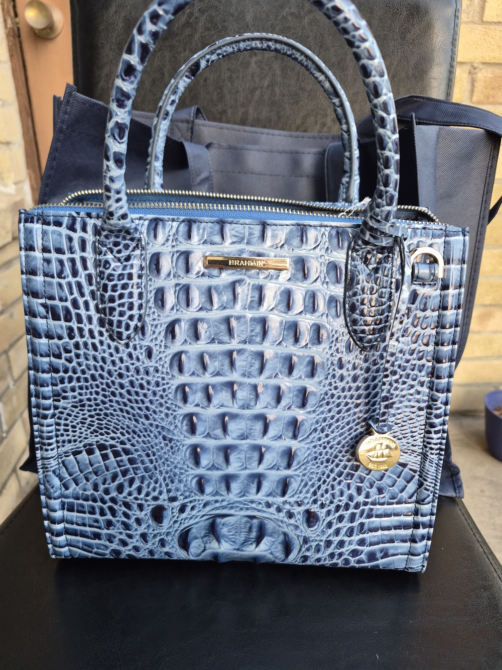 Brahmin Blue Croc-Embossed Satchel with Gold Tone Hardware